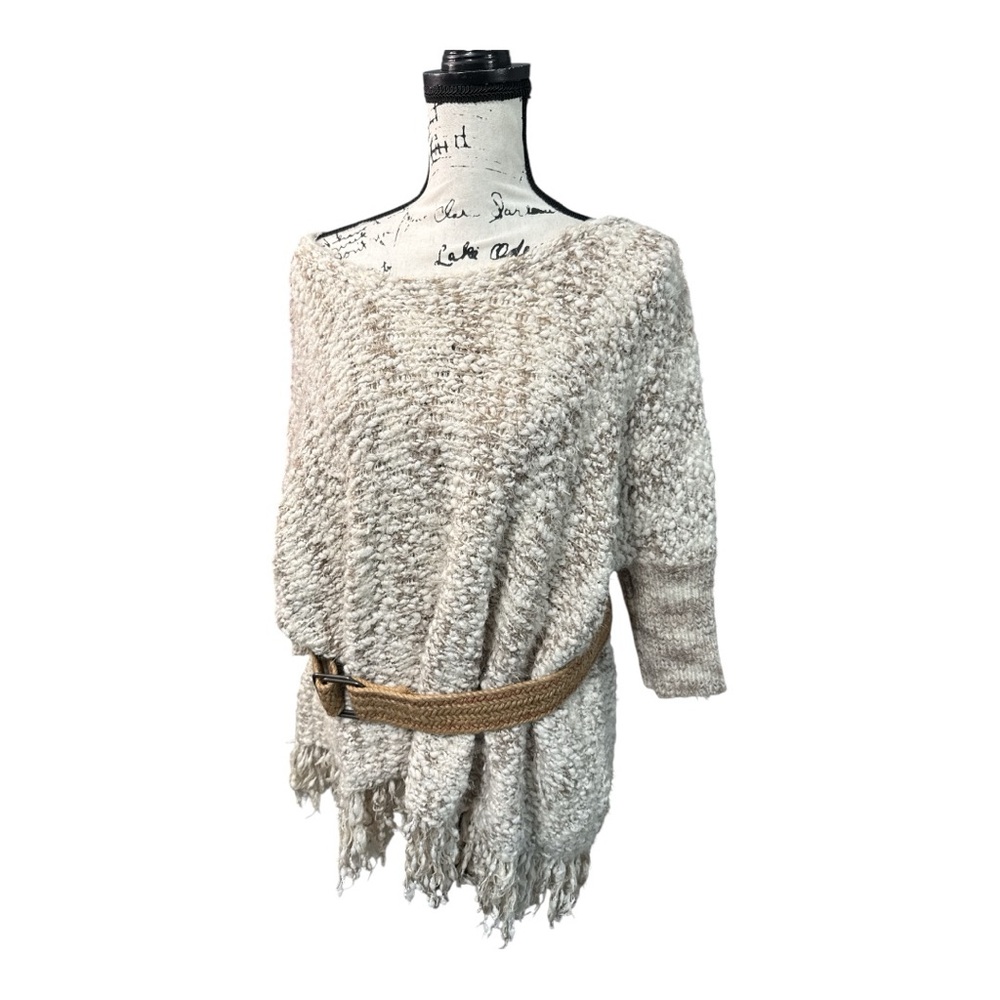 Umgee Oversized Chunky Knit Sweater Ivory Tweed Fringe Slouchy Pullover S/M